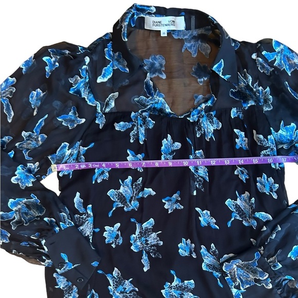 Diane Von Furstenberg Blue Floral Orchid Silk Burnout Long Sleeve Blouse V Neck - Picture 8 of 12